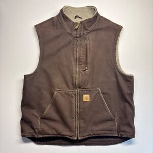 Carhartt V33 DK8 Mens Large Sandstone Duck Sherpa Lined Mock Neck Vest Brown
